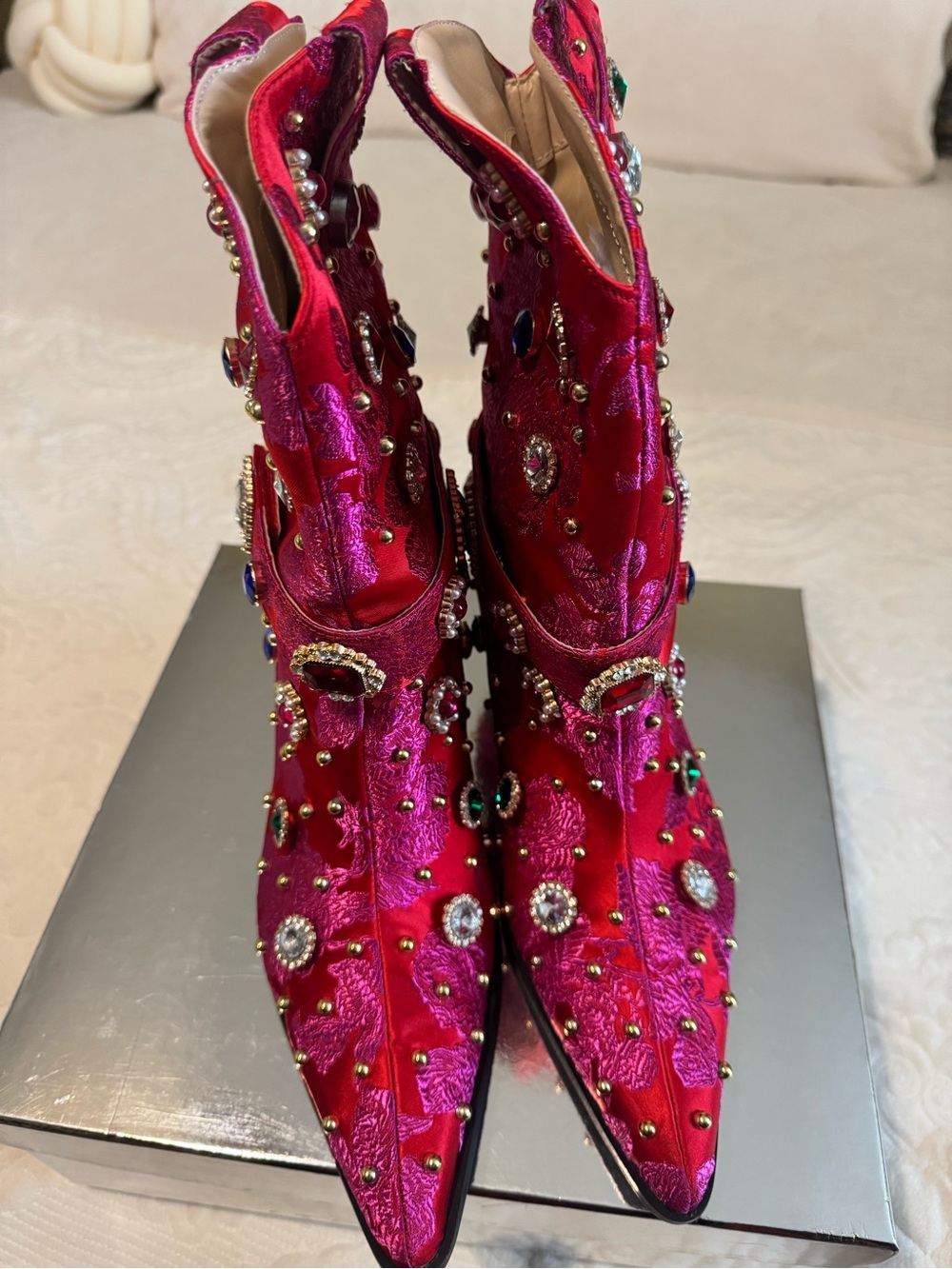 AW Women's Embellished Fuchsia Pointed Ankle Boots - Size 9